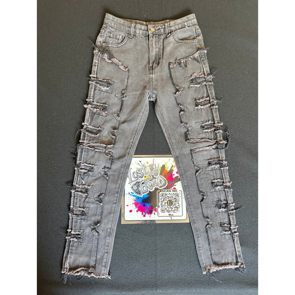 Unbranded Distressed Jeans Youth 12Y Grey/Black Excellent Ripped Patchwork